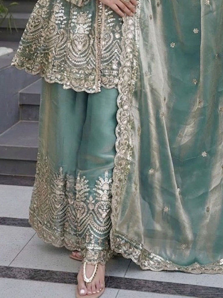 Sea Green Fendy Silk Embroidered Ethnic Casual Festival Party Wedding Salwars Girls Wear