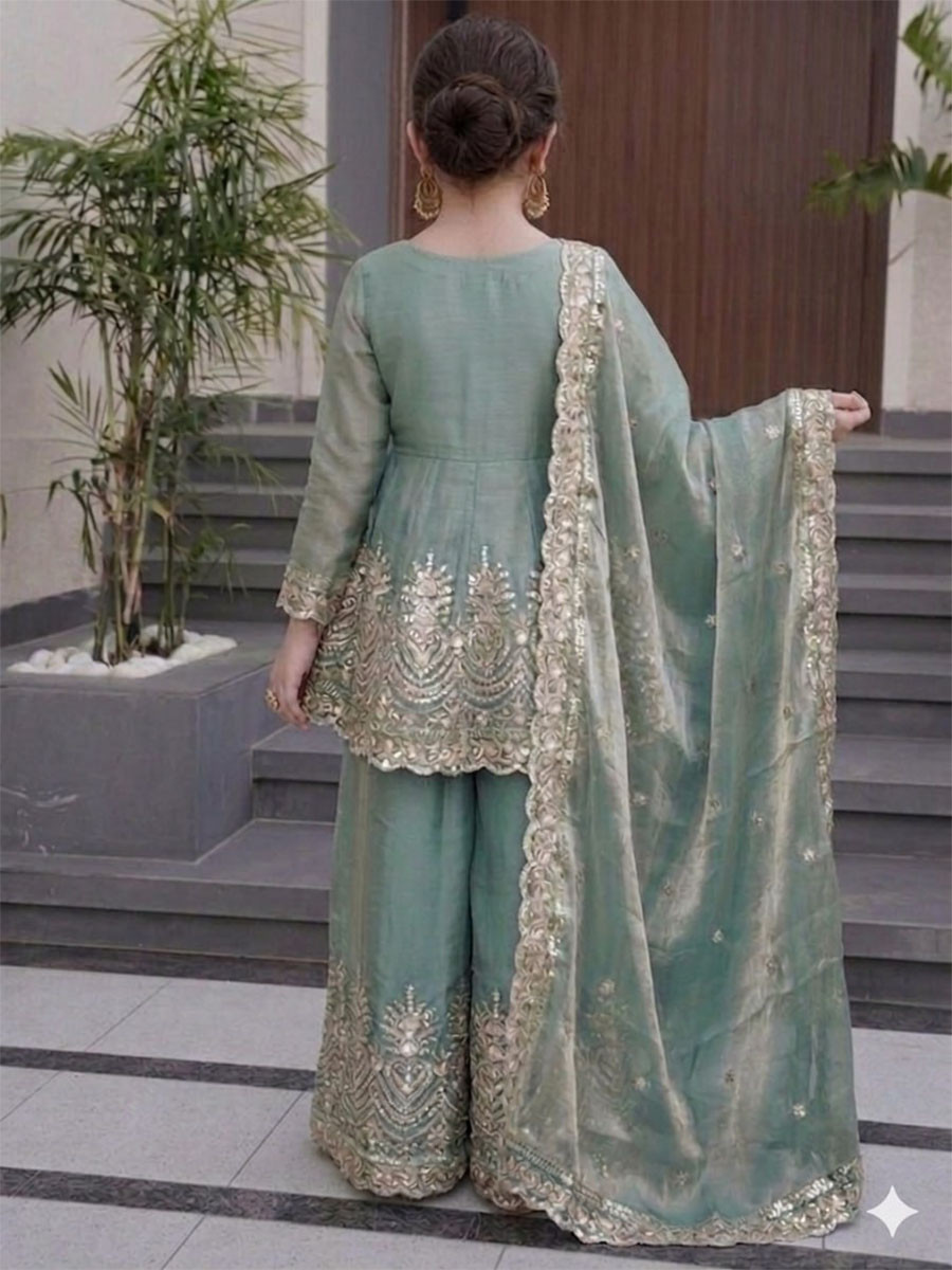 Sea Green Fendy Silk Embroidered Ethnic Casual Festival Party Wedding Salwars Girls Wear
