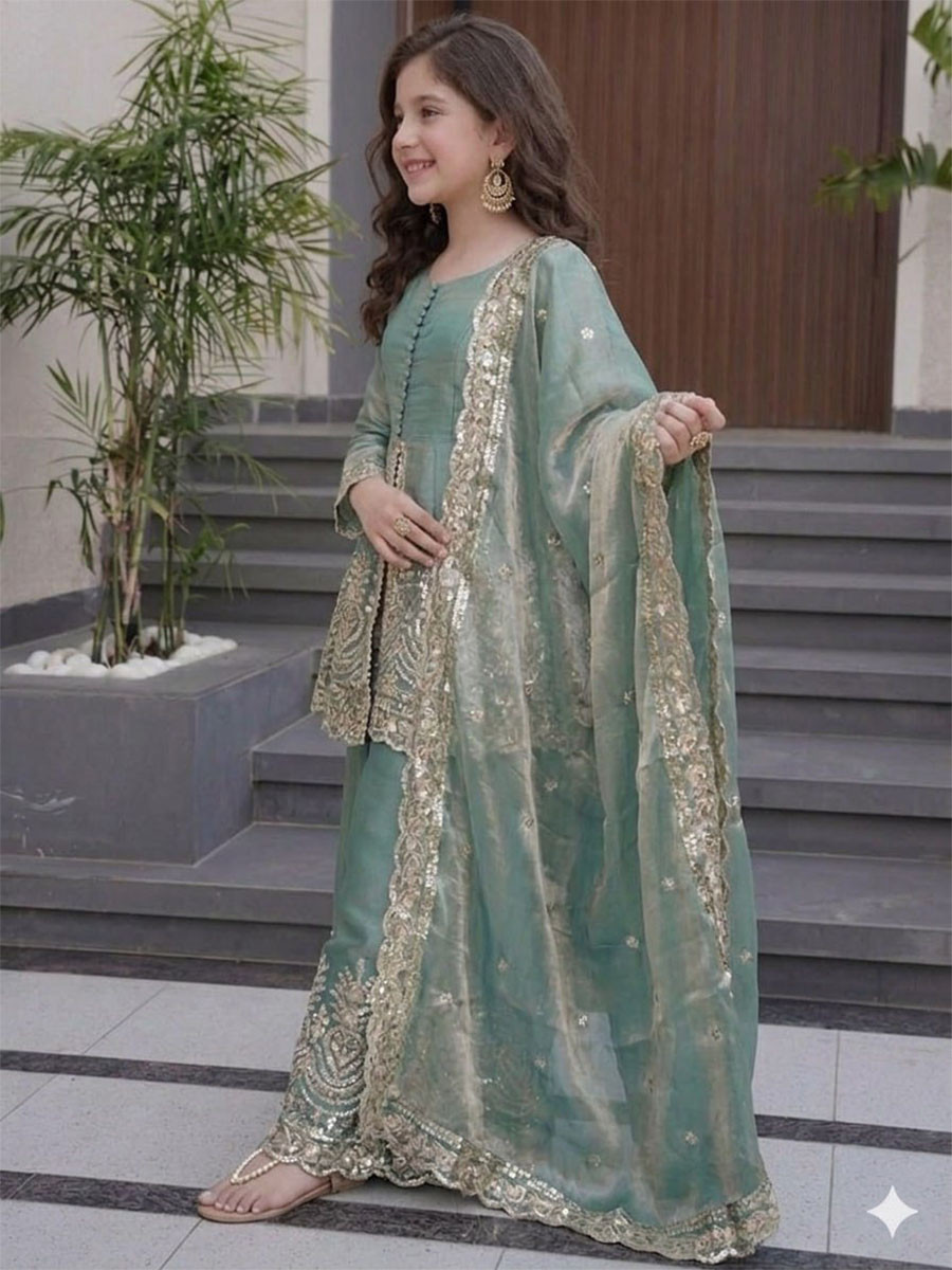 Sea Green Fendy Silk Embroidered Ethnic Casual Festival Party Wedding Salwars Girls Wear