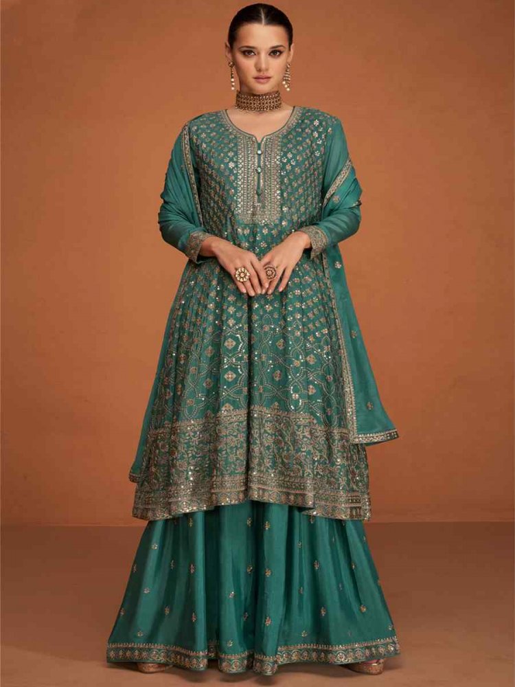 Sea Green Georgette Embroidered Festival Wedding Ready Sharara Pant Salwar Kameez