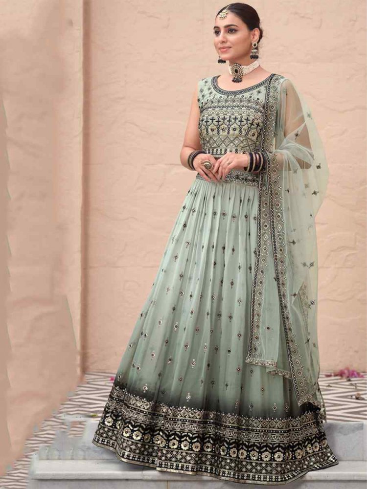 Sea Green Georgette Embroidered Reception Ready Heavy Border Lehenga Choli