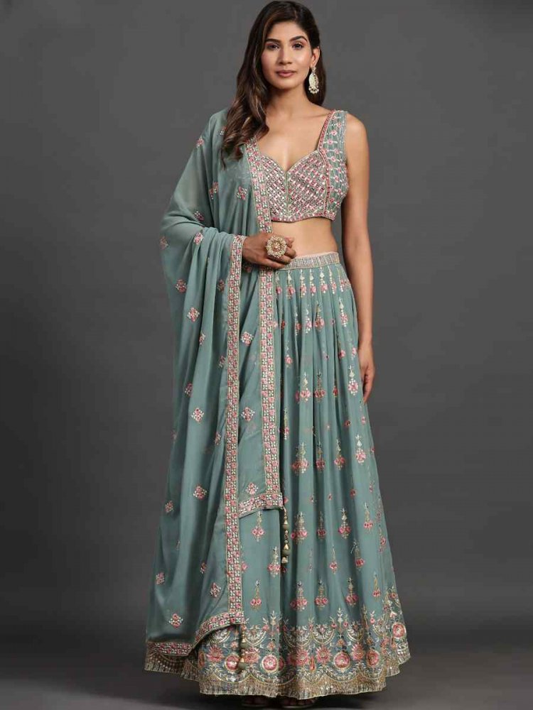 Sea Green Georgette Embroidered Reception Ready Heavy Border Lehenga Choli