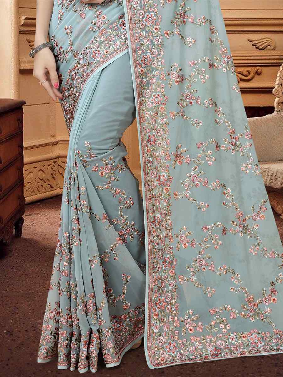 Sea Green Georgette Embroidered Wedding Festival Heavy Border Saree