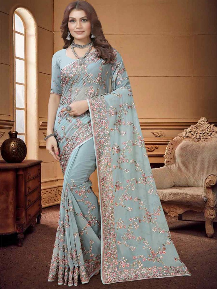 Sea Green Georgette Embroidered Wedding Festival Heavy Border Saree