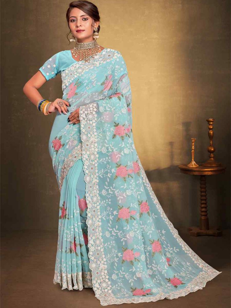 Sea Green Georgette Embroidered Wedding Party Heavy Border Saree