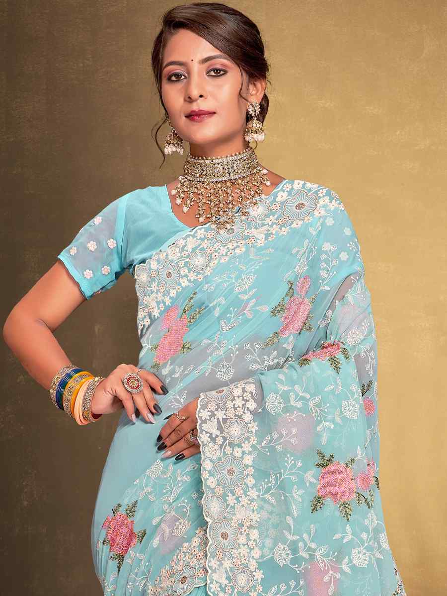Sea Green Georgette Embroidered Wedding Party Heavy Border Saree