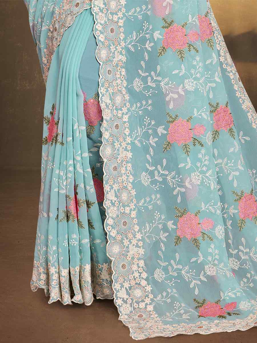 Sea Green Georgette Embroidered Wedding Party Heavy Border Saree