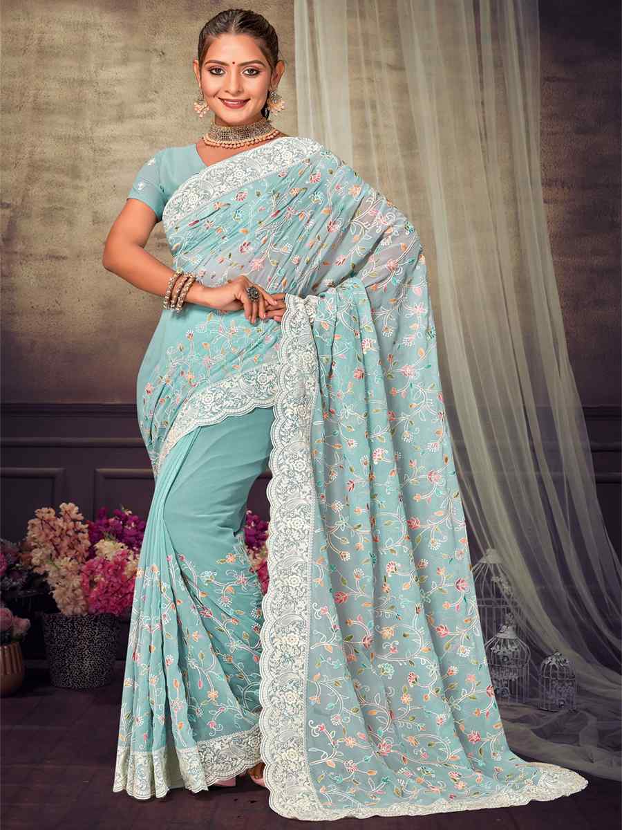 Sea Green Georgette Embroidered Wedding Reception Heavy Border Saree