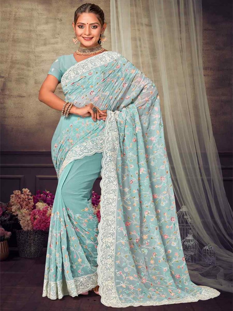 Sea Green Georgette Embroidered Wedding Reception Heavy Border Saree