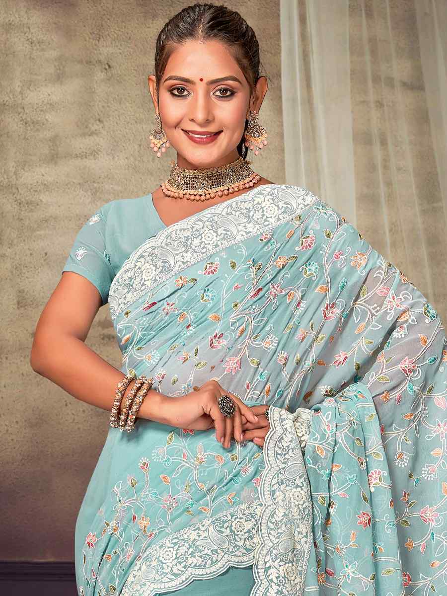 Sea Green Georgette Embroidered Wedding Reception Heavy Border Saree