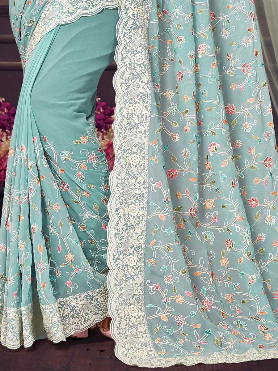 Sea Green Georgette Embroidered Wedding Reception Heavy Border Saree