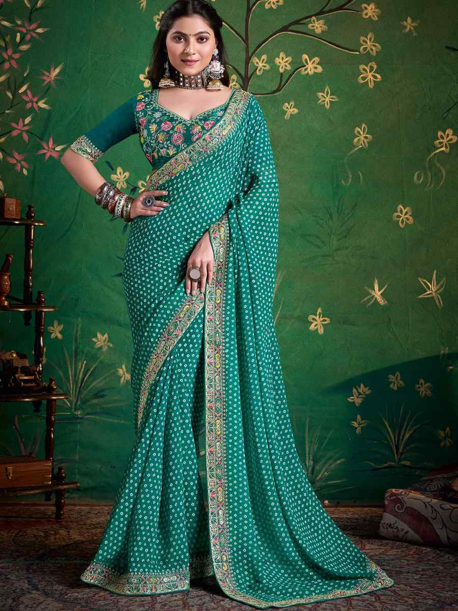 Sea Green Georgette Embroidery Bridal Reception Festival Wedding Fancy Heavy Border Saree