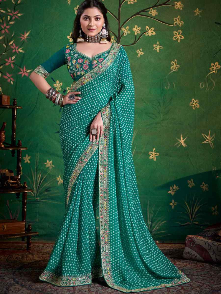 Image of Sea Green Georgette Embroidery Bridal Reception Festival Wedding Fancy Heavy Border Saree