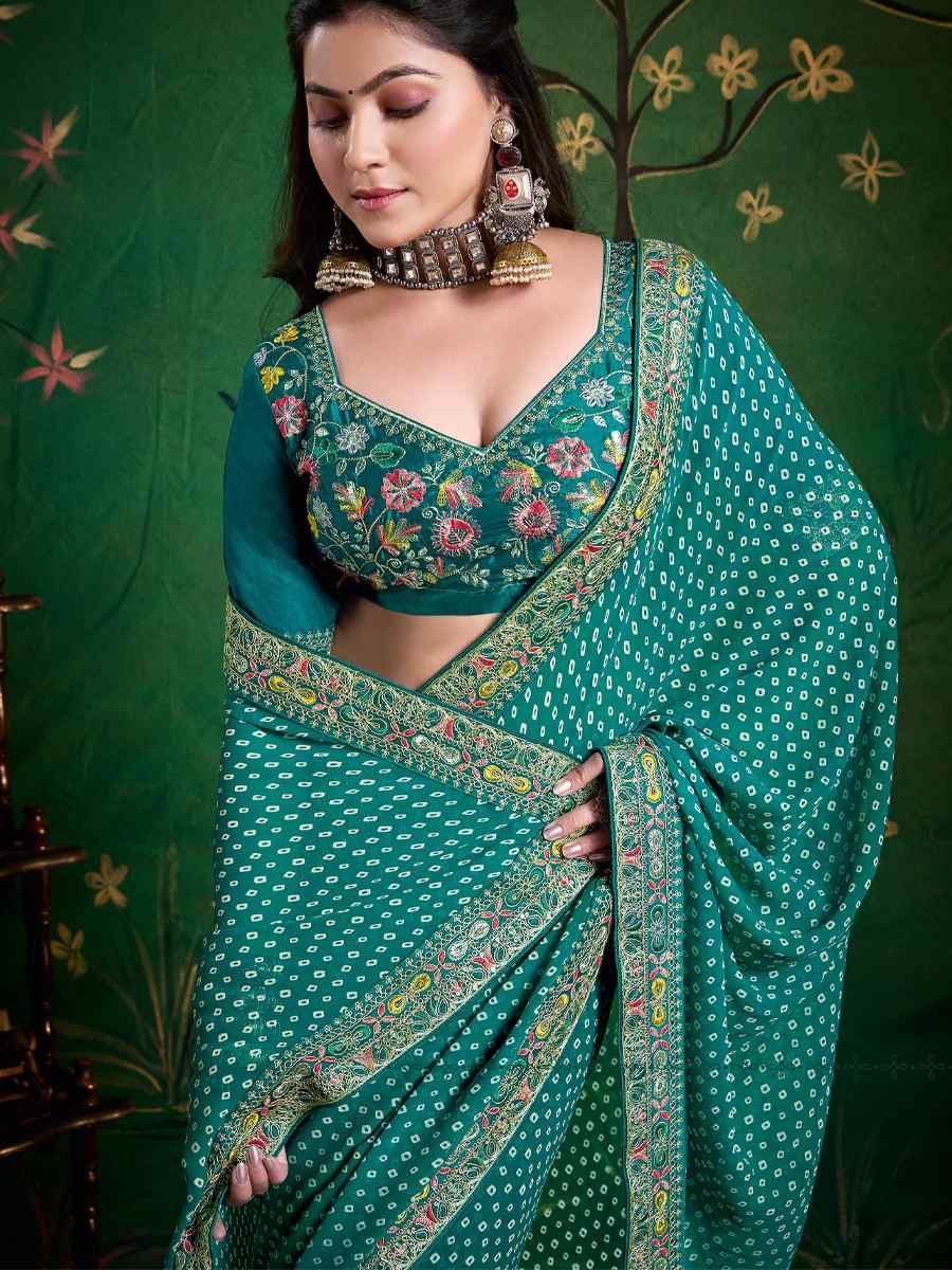 Sea Green Georgette Embroidery Bridal Reception Festival Wedding Fancy Heavy Border Saree