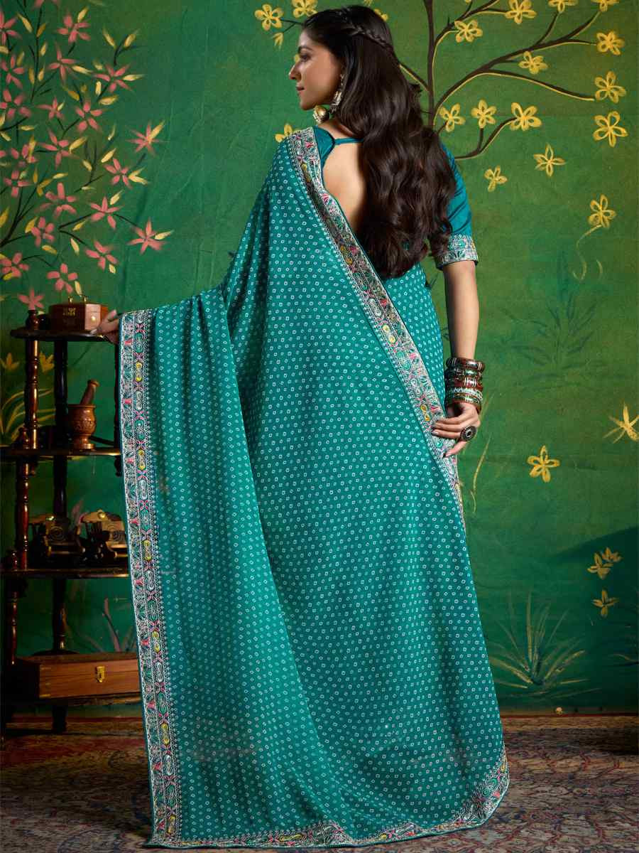 Sea Green Georgette Embroidery Bridal Reception Festival Wedding Fancy Heavy Border Saree
