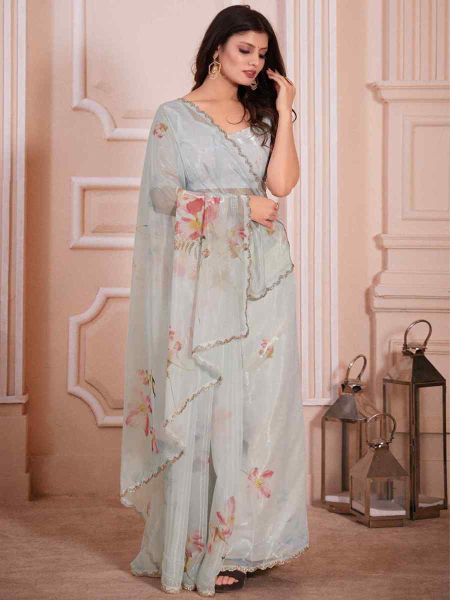 Sea Green Glass Organza Printed Casual Festival Contemporary Saree