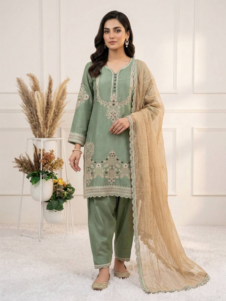Image of Sea Green Glass Satin Embroidery Sequins Wedding Party Festival Casual Ready Palazzo Pant Salwar Kameez