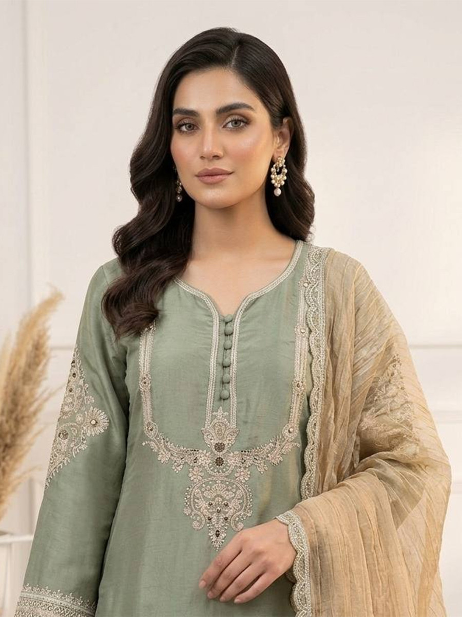 Sea Green Glass Satin Embroidery Sequins Wedding Party Festival Casual Ready Palazzo Pant Salwar Kameez