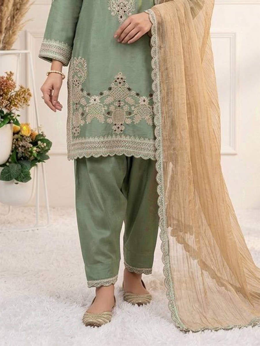 Sea Green Glass Satin Embroidery Sequins Wedding Party Festival Casual Ready Palazzo Pant Salwar Kameez