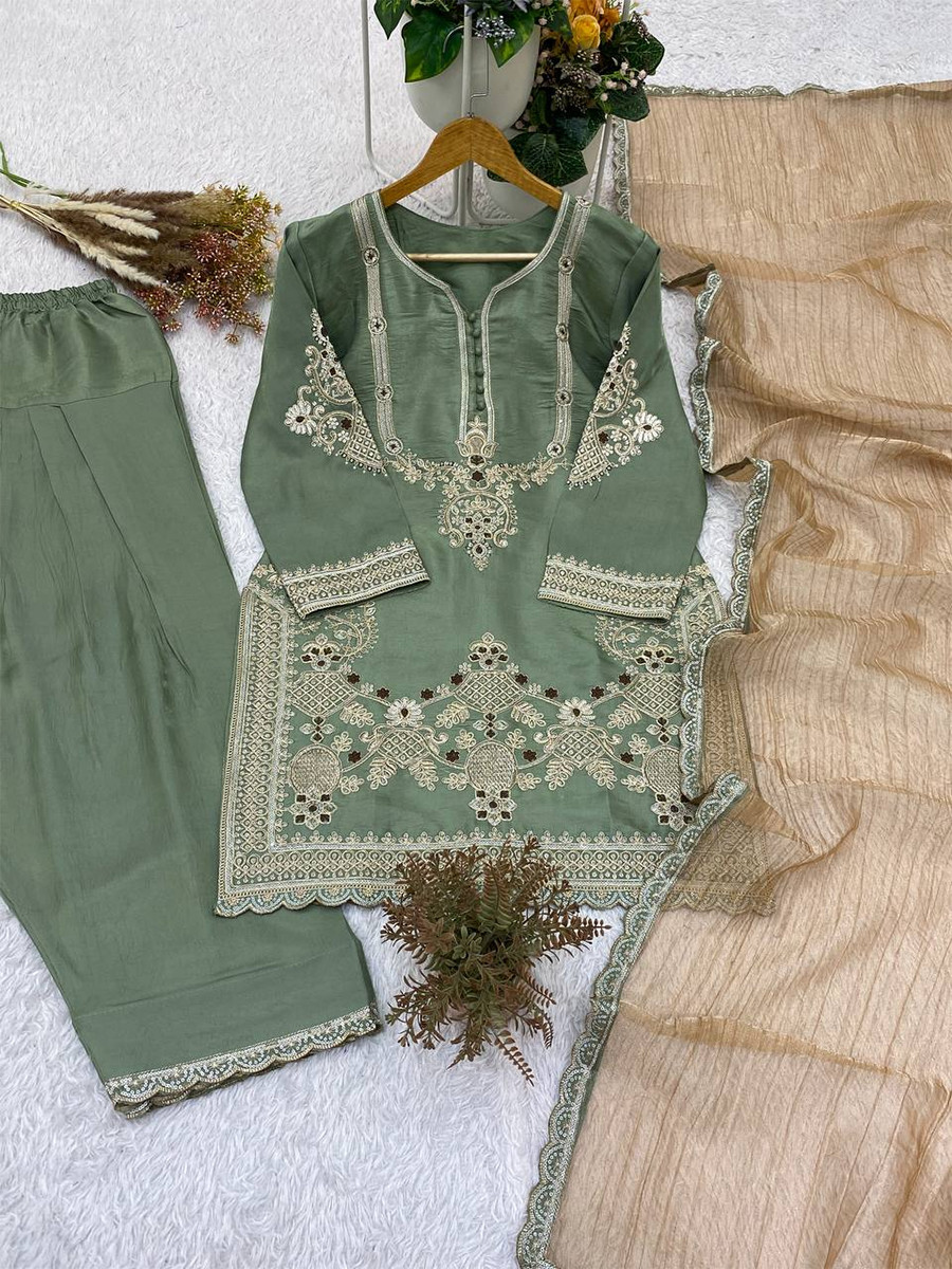 Sea Green Glass Satin Embroidery Sequins Wedding Party Festival Casual Ready Palazzo Pant Salwar Kameez