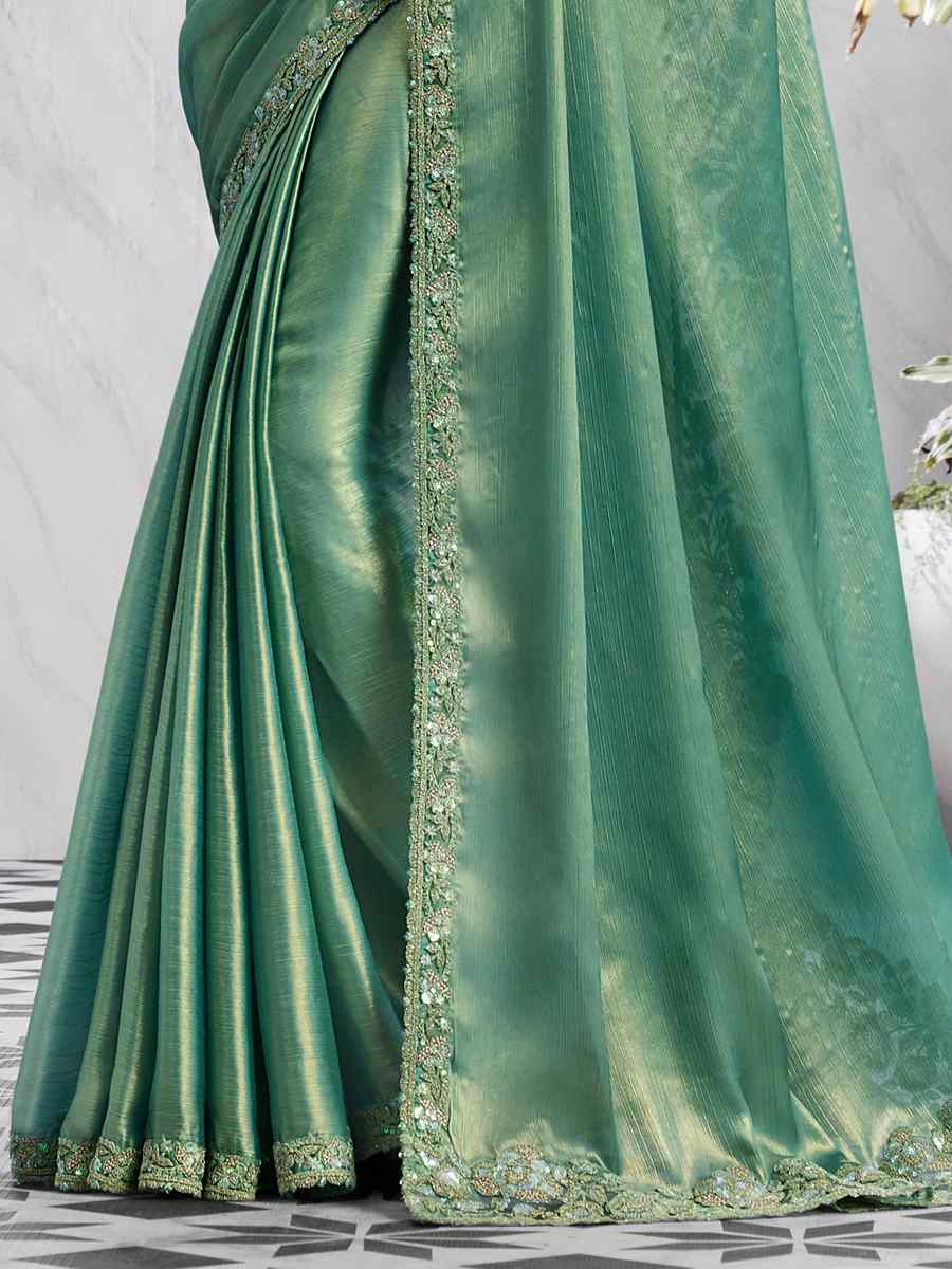Sea Green Golden Shimmer Silk Embroidered Bridesmaid Reception Heavy Border Saree