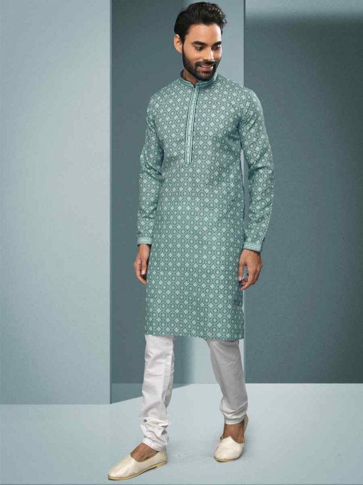 Sea Green Hand Loomed In Rich Yarns Of Cotton Printed Festival Kurta