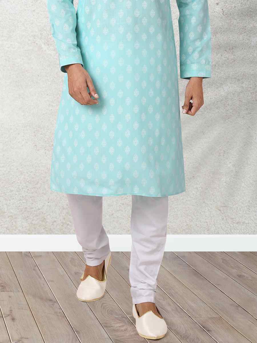 Sea Green Hand Loomed In Rich Yarns Of Cotton Printed Festival Wedding Kurta