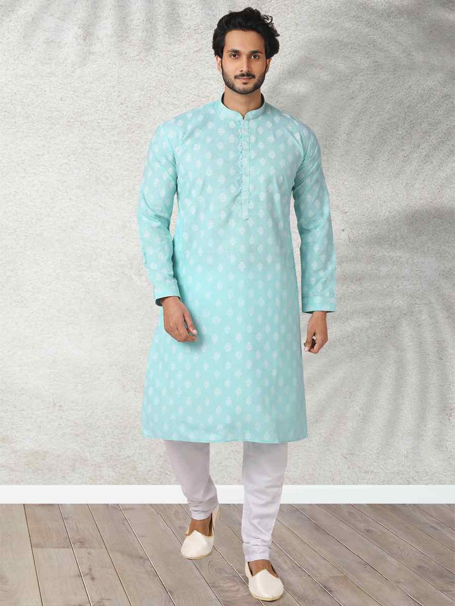 Sea Green Hand Loomed In Rich Yarns Of Cotton Printed Festival Wedding Kurta