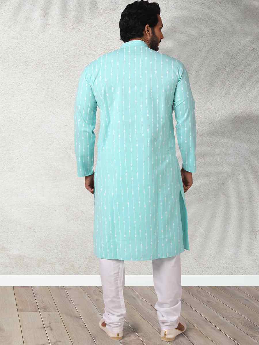 Sea Green Hand Loomed In Rich Yarns Of Cotton Printed Festival Wedding Kurta