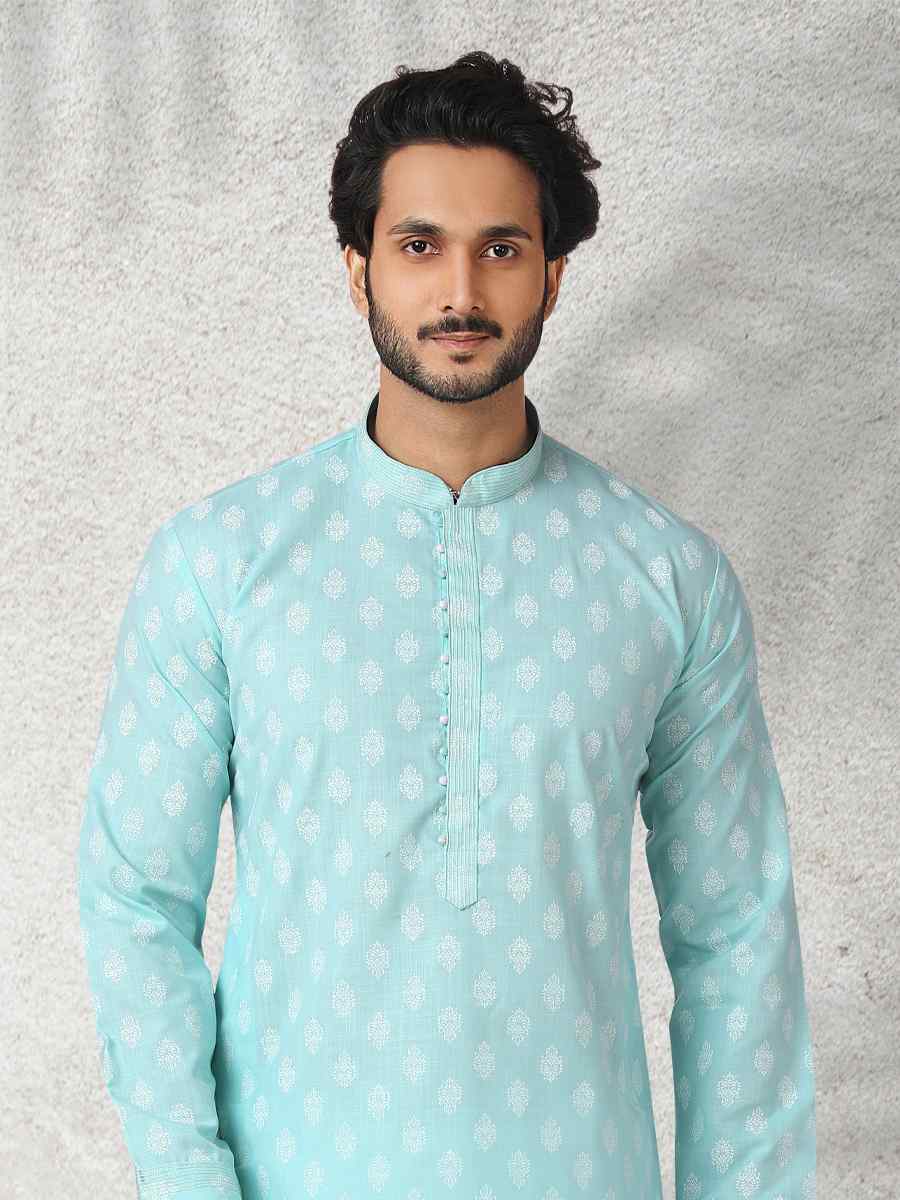 Sea Green Hand Loomed In Rich Yarns Of Cotton Printed Festival Wedding Kurta