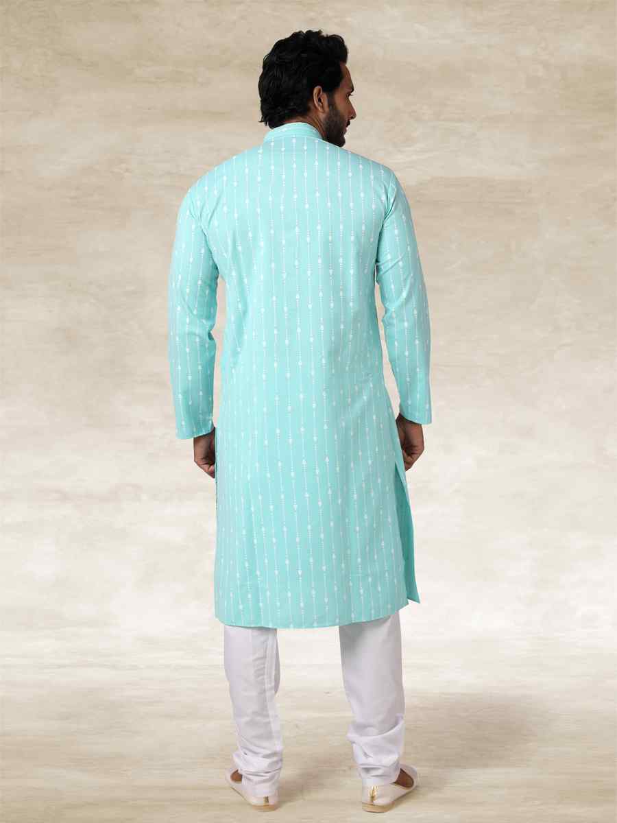 Sea Green Hand Loomed In Rich Yarns Of Cotton Printed Party Wedding Kurta