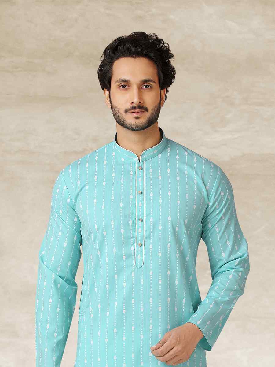 Sea Green Hand Loomed In Rich Yarns Of Cotton Printed Party Wedding Kurta