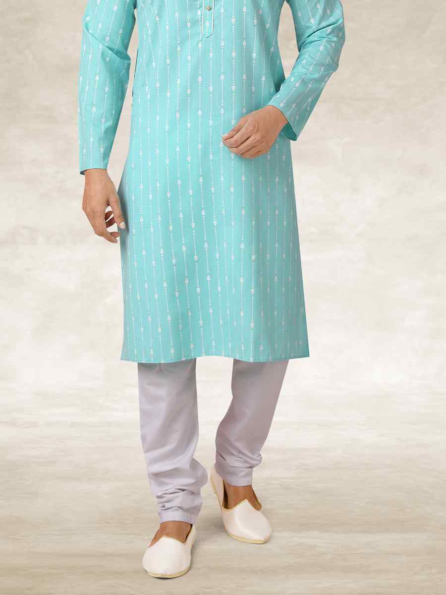 Sea Green Hand Loomed In Rich Yarns Of Cotton Printed Party Wedding Kurta
