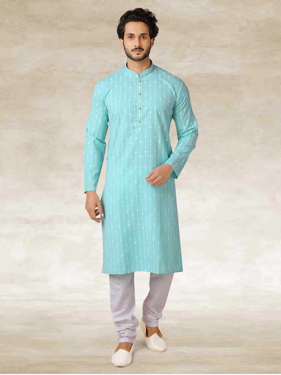 Sea Green Hand Loomed In Rich Yarns Of Cotton Printed Party Wedding Kurta
