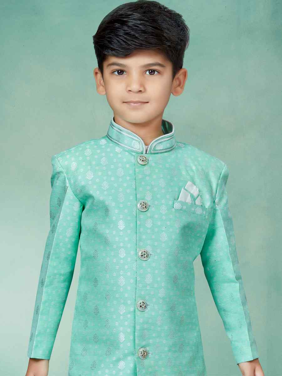 Sea Green Heavy Banarasi Jacquard Embroidered Party Festival Kurta Pyjama Boys Wear