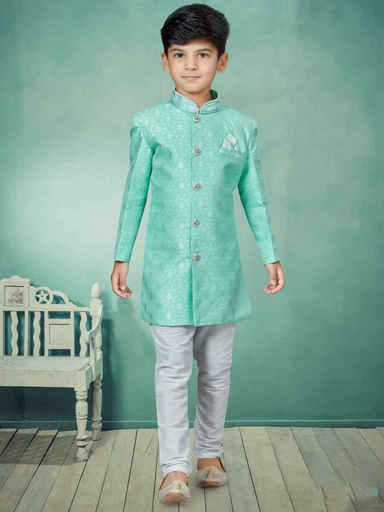 Sea Green Heavy Banarasi Jacquard Embroidered Party Festival Kurta Pyjama Boys Wear