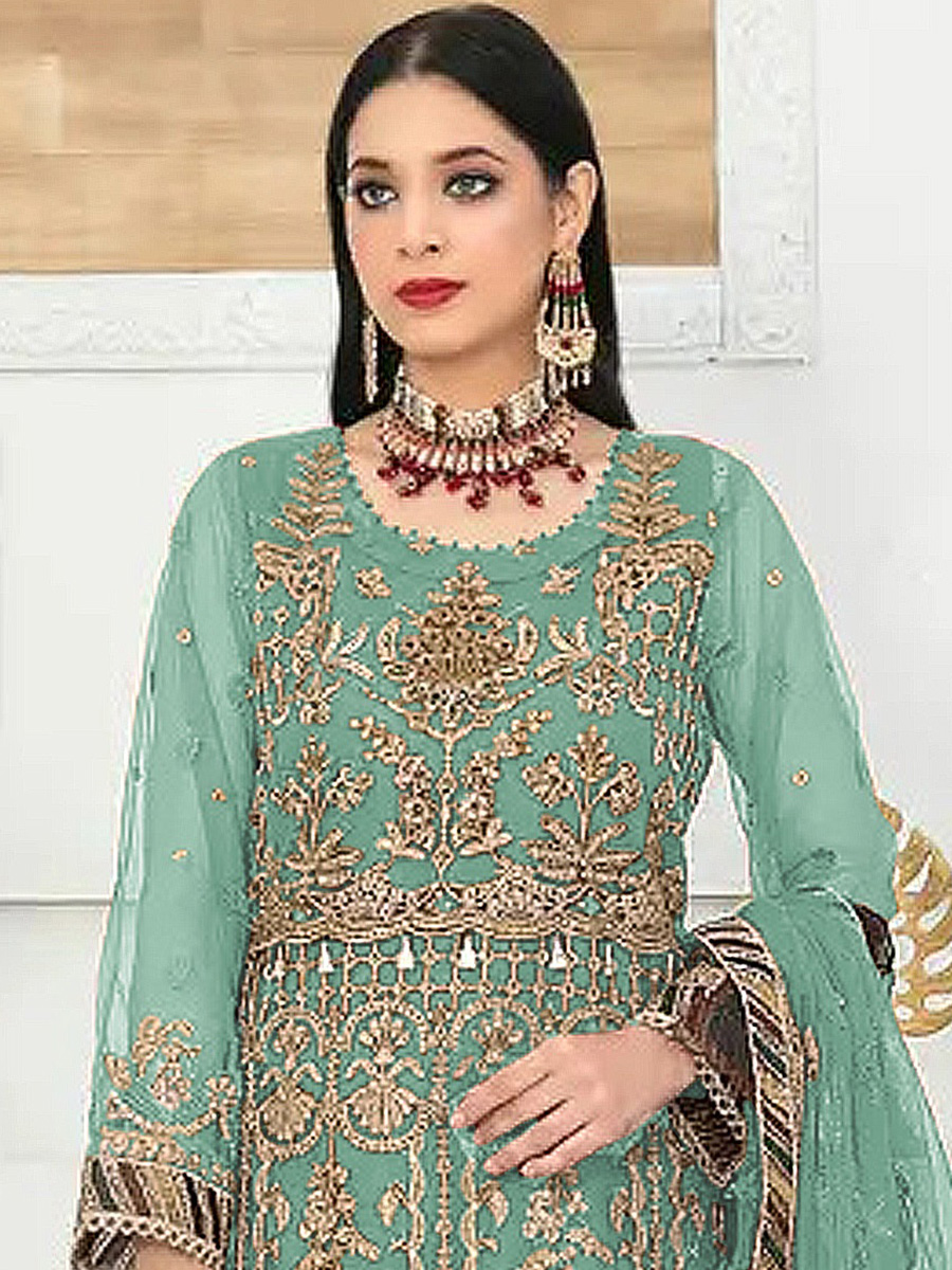 Sea Green Heavy Butterfly Net Embroidered Festival Party Pant Salwar Kameez