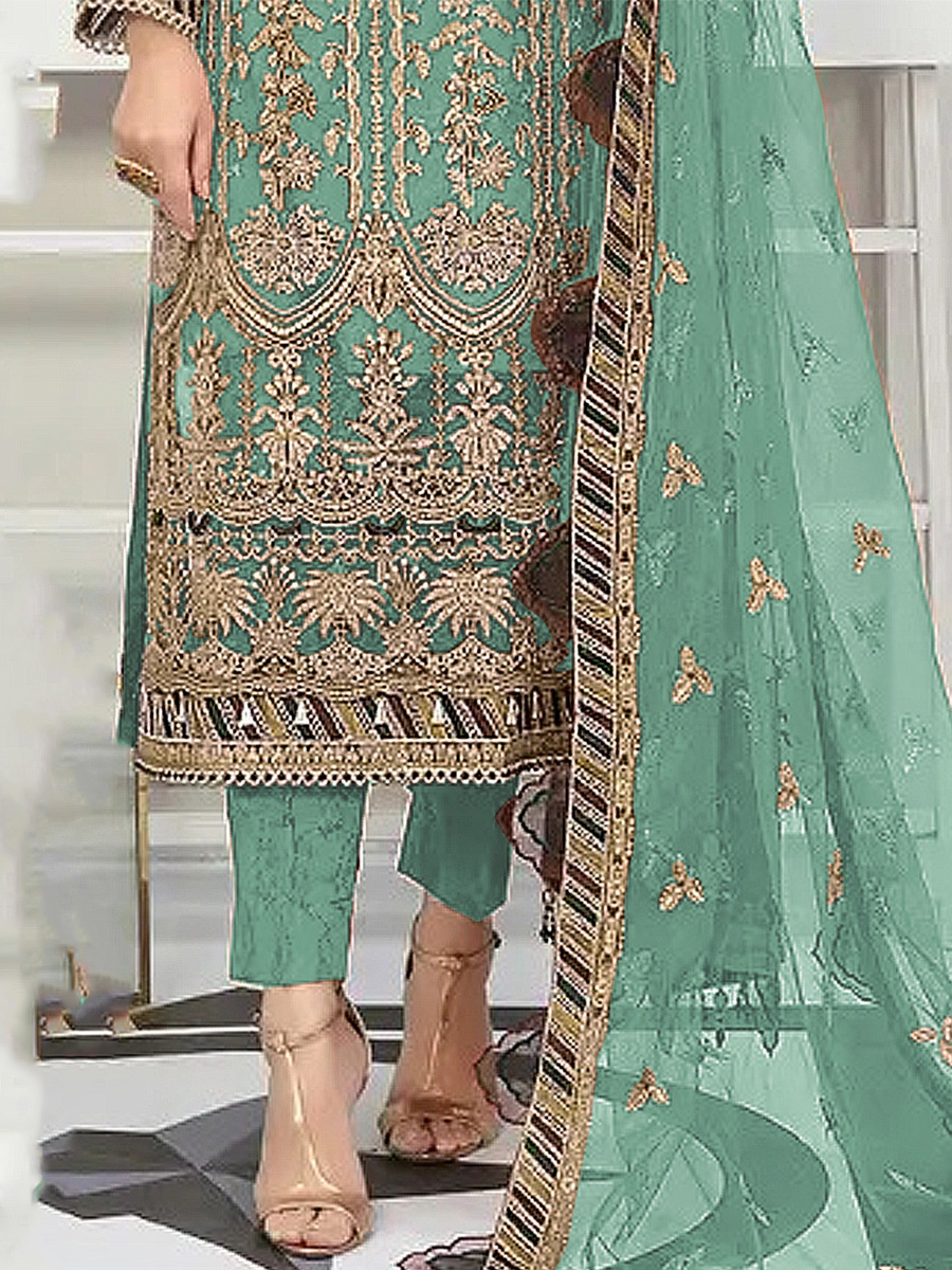 Sea Green Heavy Butterfly Net Embroidered Festival Party Pant Salwar Kameez