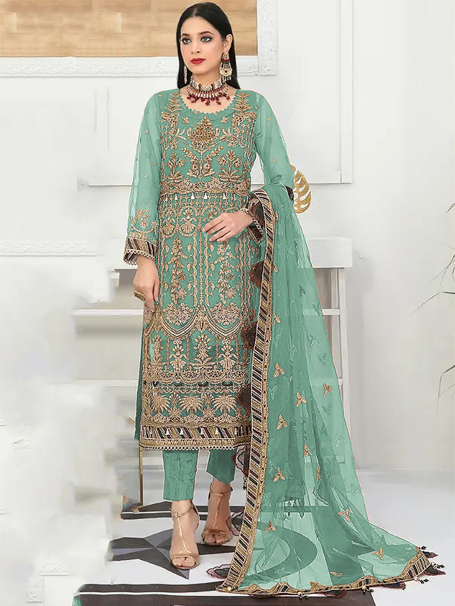 Sea Green Heavy Butterfly Net Embroidered Festival Party Pant Salwar Kameez