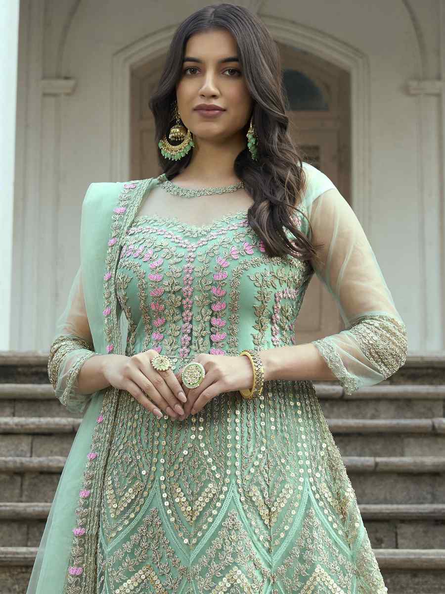 Sea Green Heavy Butterfly Net Embroidered Festival Wedding Anarkali Salwar Kameez
