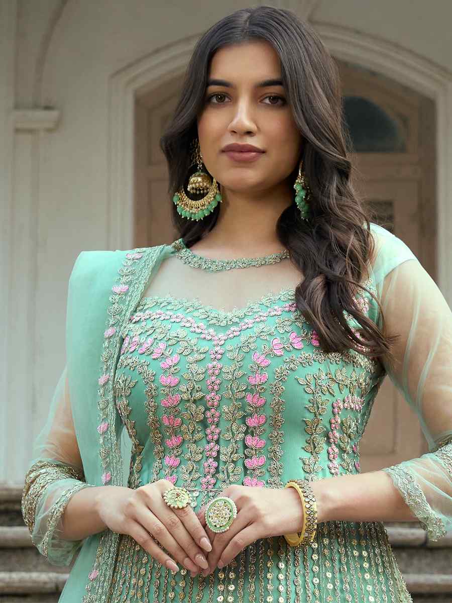 Sea Green Heavy Butterfly Net Embroidered Festival Wedding Anarkali Salwar Kameez