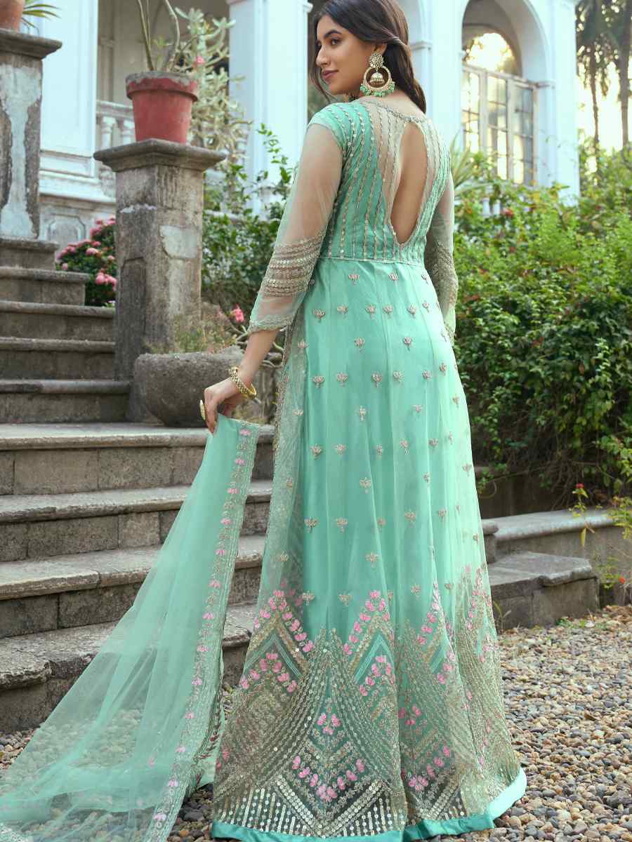 Sea Green Heavy Butterfly Net Embroidered Festival Wedding Anarkali Salwar Kameez