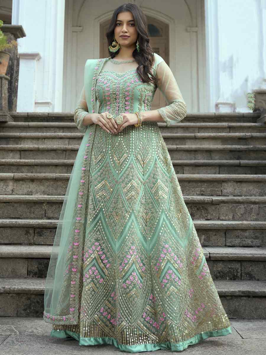 Sea Green Heavy Butterfly Net Embroidered Festival Wedding Anarkali Salwar Kameez