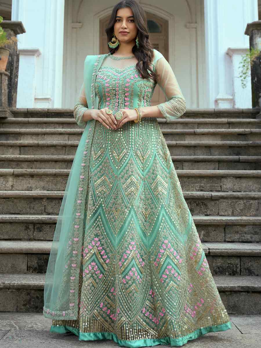 Sea Green Heavy Butterfly Net Embroidered Festival Wedding Anarkali Salwar Kameez