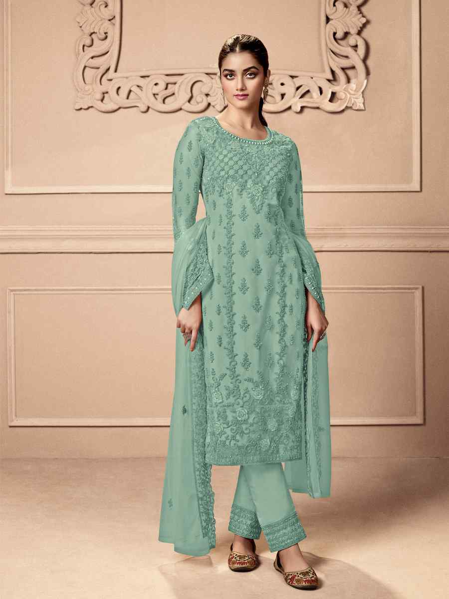 Sea Green Heavy Butterfly Net Embroidered Festival Wedding Pant Salwar Kameez