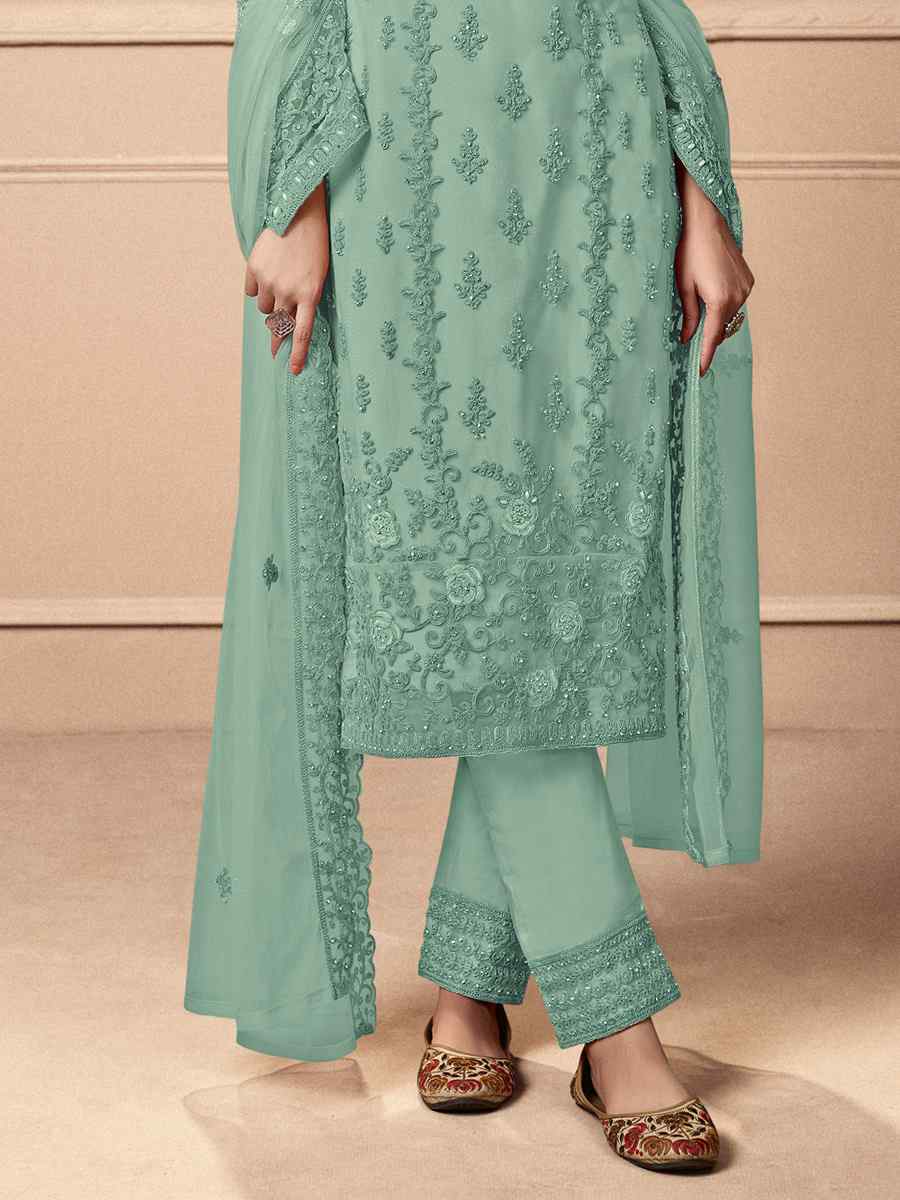 Sea Green Heavy Butterfly Net Embroidered Festival Wedding Pant Salwar Kameez