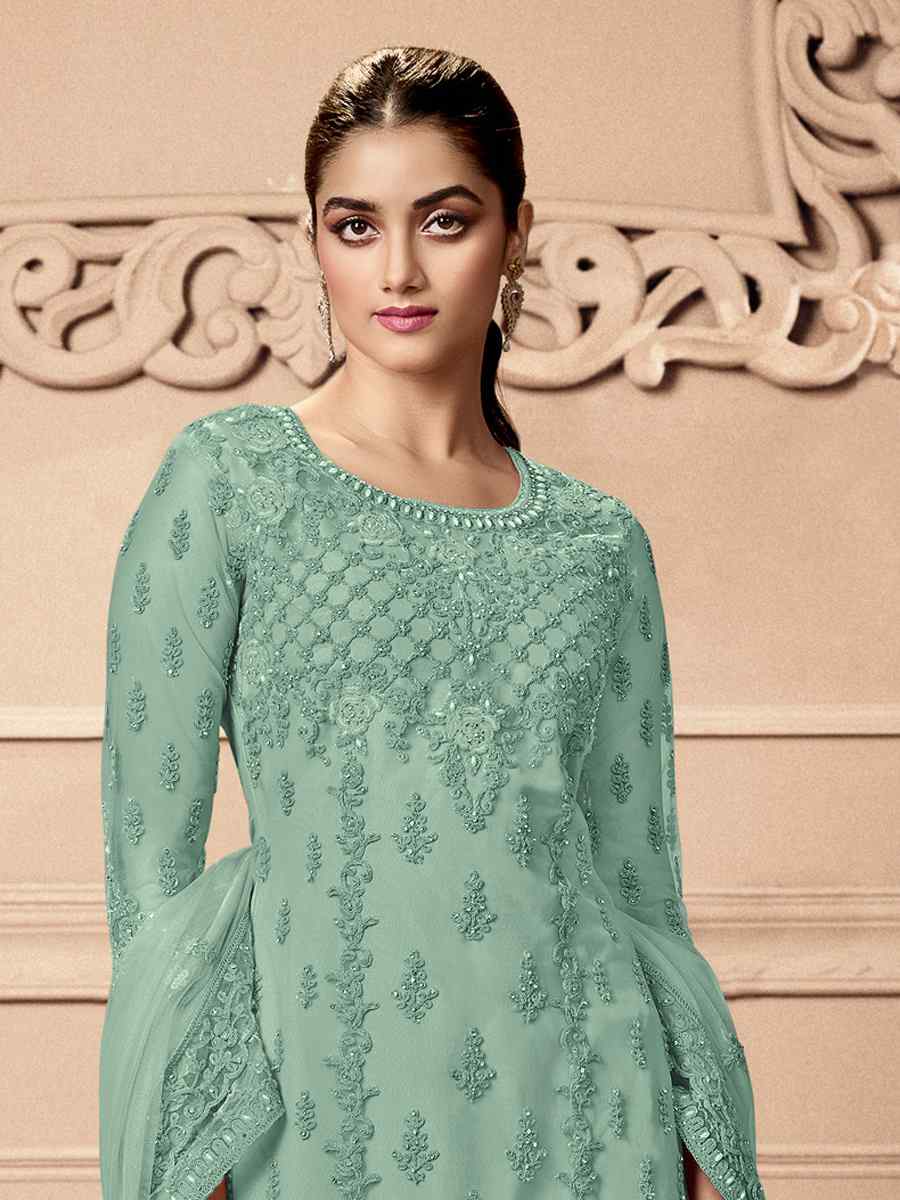 Sea Green Heavy Butterfly Net Embroidered Festival Wedding Pant Salwar Kameez