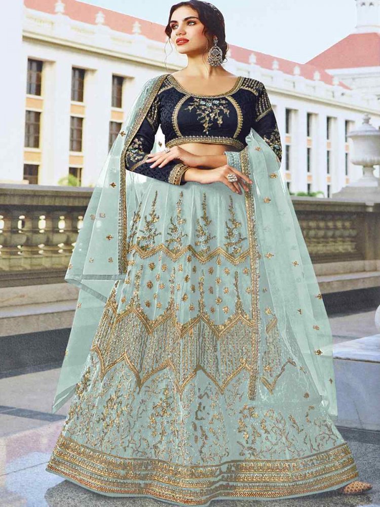 Sea Green Heavy Butterfly Net Embroidered Party Wear Wedding Circular Lehenga Choli