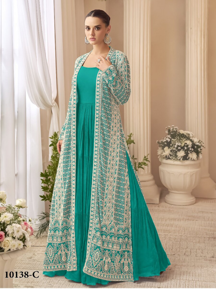 Image of Sea Green Heavy Chinon Embroidered Wedding Party Festival Ready Gown Shrug Women Wear