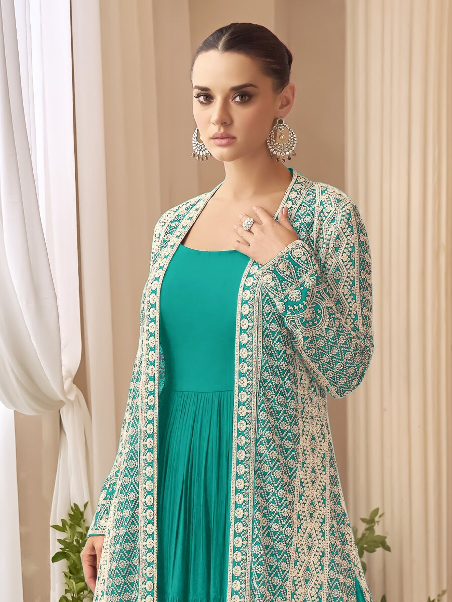 Sea Green Heavy Chinon Embroidered Wedding Party Festival Ready Gown Shrug Women Wear